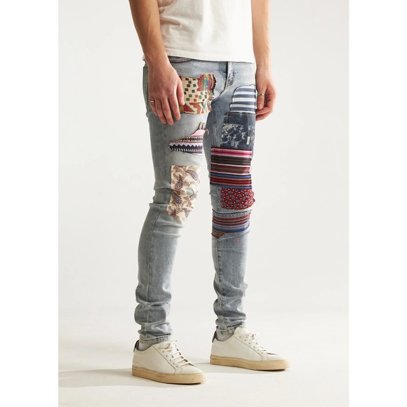 Embellish NYC Men's West Patchwork Distressed Skinny Fit Stretch Denim Jeans - Picture 2 of 5